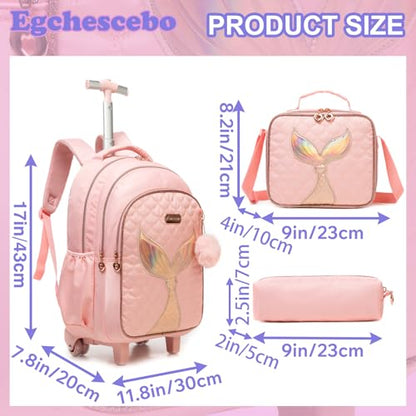 Kids Rolling Backpack for Girls Trolley Suitcases Luggage Travel with Wheels Bookbag Wheeled 17" 3PCS Roller Backpacks Toddler Back Pack School Bags Set for Elementary Mermaids Pink - color: 5225-yuweiba-pink