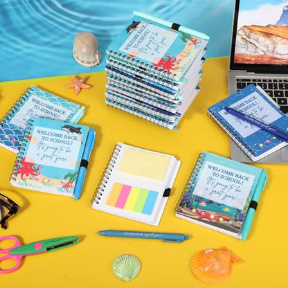 Dunzoom 40 Pcs Welcome Back to School Gifts Bulk Spiral Notebooks with Sticky Notes Motivational Pens First Day of School Notepads Party Favor for Teacher Student Classroom(Ocean Sea,Blue) - style: Ocean Sea