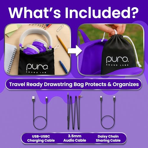 Puro Sound Labs JuniorJam Plus Volume-Limiting Wireless Bluetooth Headphones for Kids, Secure Audio with Adjustable On-Ear Design, 22-Hour Battery Life, Ideal for Tablets, Smartphones & PCs - Purple - color: Purple