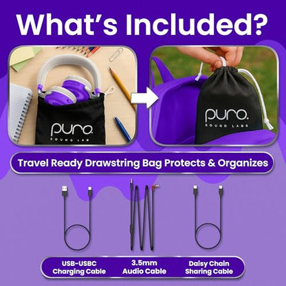 Puro Sound Labs JuniorJam Plus Volume-Limiting Wireless Bluetooth Headphones for Kids, Secure Audio with Adjustable On-Ear Design, 22-Hour Battery Life, Ideal for Tablets, Smartphones & PCs - Purple - color: Purple
