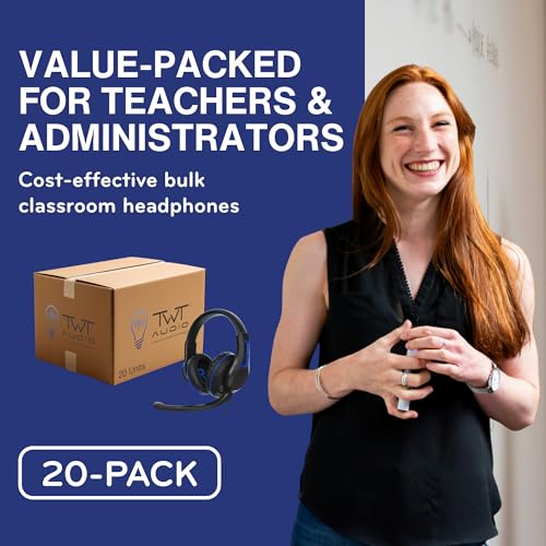 TWT Audio Classroom Headsets with Microphone – Duro TW210 2nd Gen Over Ear Wired Headphones Bulk 20 Pack, Durable, Comfortable 3.5mm Headset with Mic for School, Labs, Testing, Students - style: 3.5mm Jack (20 Pack)