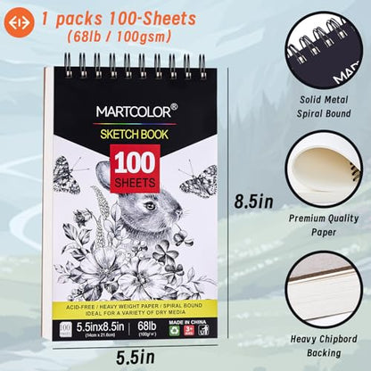 MARTCOLOR 5.5X8.5” Premium Sketch Book, 100 Sheets(68 lb/100gsm) Sketchbook | Spiral Bound, Acid-Free Drawing Paper, Artist Sketch Pad for Beginners & Pro Artists, Perfect for Most Dry Media