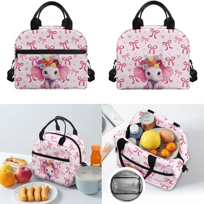 Lightweight Kids Bookbag Set with Insulated Lunch Bag and Pencil Case, Elephant 3-in-1 School Backpack Lunchbox Pouch for Girls Elementary, Durable Student Book Bag - color: Pink Bows-elephant