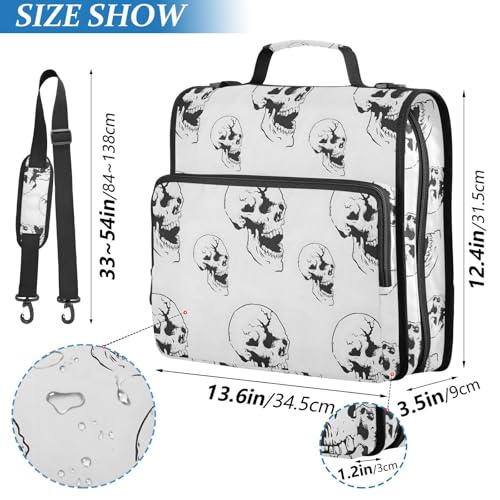 3 Ring Zipper Binder Black White Skull Binders Bag with Shoulder Strap 500 Sheets Paper Organizer Trapper Keeper Documents Storage File Folder for School Office - color: A859