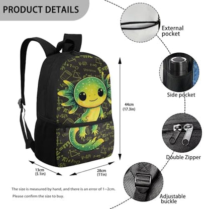 Green Axolotl School Backpack Set 5 Pieces with Lunch Bag Pencil Case and Water Bottle Holder for Kids Girls Boys Elementary and Middle School - color: Green Axolotl