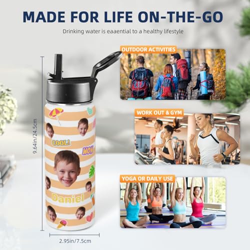 Personalized Kids Water Bottle with Face, Custom Stainless Steel Insulated Sport Water Bottle for School, Back to School Gifts for Boy Girl, Insulated Tumbler with Straw Lid Handle, 18 OZ - color: # design 03 pic