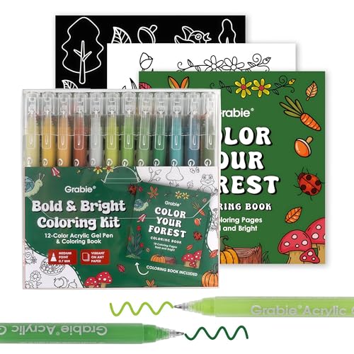 Grabie Coloring Kit, Acrylic Gel Pens Set with Coloring Book, 1.0mm Medium Tip Opaque Gel Pens for Adult Coloring Books, Drawing, Journaling, Planner, Art Supplies Gift Set of 12 Forest Colors - color: Forest Colors