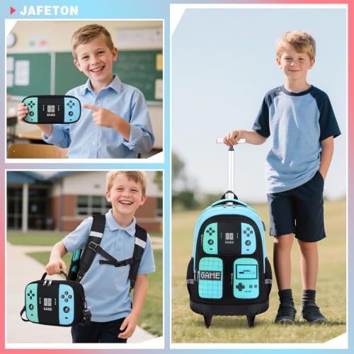 Jafeton Rolling Backpack for Boys, 3 PCS Gamer Boy Backpack Set with Lunch Box & Pencil Pouch, Roller Wheels School bag for Boys Kids Teens, Elementary Middle School, Kids Bookbag Casual Daypack - color: Green