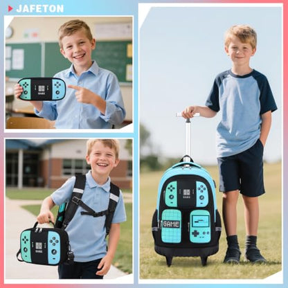 Jafeton Rolling Backpack for Boys, 3 PCS Gamer Boy Backpack Set with Lunch Box & Pencil Pouch, Roller Wheels School bag for Boys Kids Teens, Elementary Middle School, Kids Bookbag Casual Daypack - color: Green