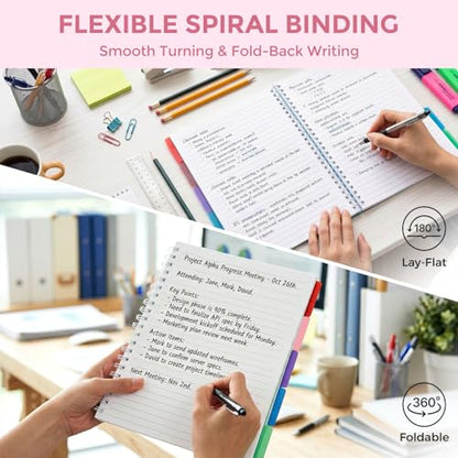 Subject Notebook Wide Ruled, 8.5x11inch Hardcover 5 Subject Lined Spiral Notebook with Dividers Tabs for School Women Journal Note Taking Office Supplies, 220 Pages, Pink - color: Pink