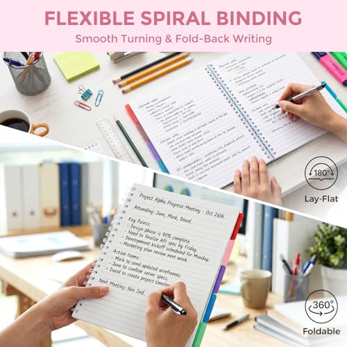 Subject Notebook Wide Ruled, 8.5x11inch Hardcover 5 Subject Lined Spiral Notebook with Dividers Tabs for School Women Journal Note Taking Office Supplies, 220 Pages, Pink - color: Pink