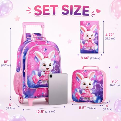 3Pcs Rolling Backpack for Girls, Kids Roller School Backpack with Wheels, Bunny Wheeled Bookbag for Elementary Preschool Kindergarten(Pink) - color: Pink Rabbit