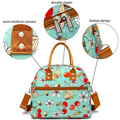 FlowFly Insulated Lunch Bag With Shoulder Strap for Women, Men, and Kids, Large and Reusable, Handle, Freezable Work and School Travel Tote and Meal Prep Organizer,Turquoise Cherry - color: Turquoise Cherry