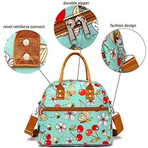 FlowFly Insulated Lunch Bag With Shoulder Strap for Women, Men, and Kids, Large and Reusable, Handle, Freezable Work and School Travel Tote and Meal Prep Organizer,Turquoise Cherry - color: Turquoise Cherry