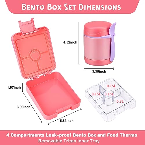 Pawtong Bento Lunch Box Set With 10oz Soup Thermo, Leak-proof Lunch Containers with 4 Compartment, Kids Hot Thermo Food Jar/Insulation Lunch Bag, Food Containers for School（Solid） - color: Pink