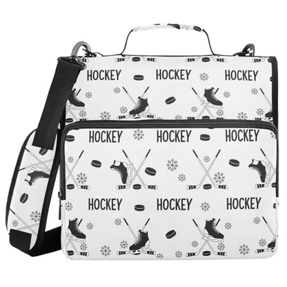 Zipper Binder Bag 3 Ring File Folder Portfolio Organizer Zippered Binder Bags with Strap Fits Laptop Women Men - color: Ice Hockey Black