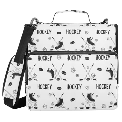 Zipper Binder Bag 3 Ring File Folder Portfolio Organizer Zippered Binder Bags with Strap Fits Laptop Women Men - color: Ice Hockey Black