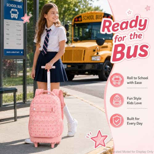 HPJGD 3PCS Rolling Backpack for Girls, Pink Star Roller School Backpacks with Wheels, Water-Resistant Wheeled Bookbag Set - color: Pink Star Rolling Backpack Set