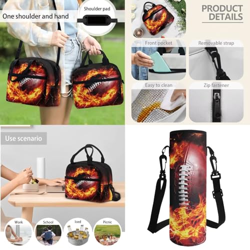Horeset Football Flame Backpack for School Boys 3 Pack 17inch Schoolbag & Water Bottle Sling Bag & Picnic Lunch Tote Bag Elementary Middle School Bookbag with Side Mesh Pocket Padded Shoulder Straps - color: Football Flame