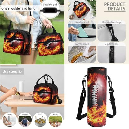 Horeset Football Flame Backpack for School Boys 3 Pack 17inch Schoolbag & Water Bottle Sling Bag & Picnic Lunch Tote Bag Elementary Middle School Bookbag with Side Mesh Pocket Padded Shoulder Straps - color: Football Flame