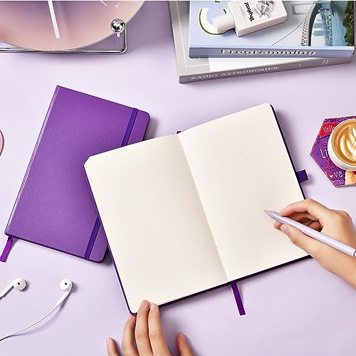 Dotted Journal/Notebook - Dot Grid Hard Cover Notebook, Premium Thick Paper with Fine Inner Pocket, Black Smooth Faux Leather, Pen Loop, 5.3'' x 8.26'' - Lavender - color: Lavender, size: Dotted
