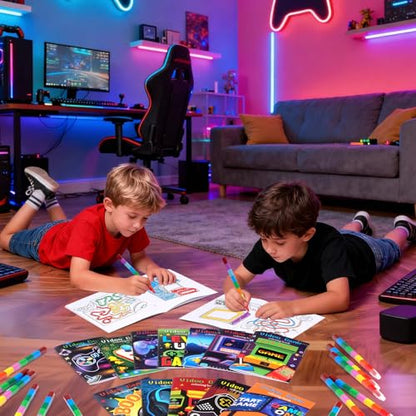 BenLouis 24 Video Game Mini Coloring Books Kids with 24 Stacking Crayons Gaming Party Favors Activity Books Bulk for Kids Boys Neon Game Level Up Goodie Bag Gift Stuffer Classroom Reward - style: Video Game