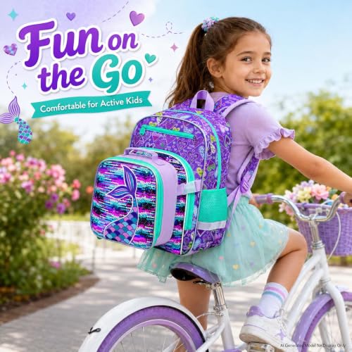 gxtvo 3PCS Girls Backpack, 16" Sequin Prechool Elementary Bookbag and Lunch Box - color: Reversible Sequins Fishtail Clip-on Backpack