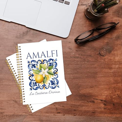 KAOWT Blue and White Amalfi Coast Italian Lemon Notebook Journal, Mediterranean Tile Notebooks for Note Taking, Coastal Beach Ocean Journal, Botanical Lemon Hardcover Spiral Notebook 5.5x8.3in - color: Summer notbook-Lemon