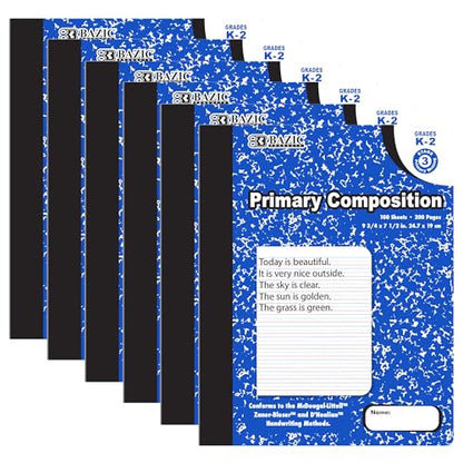BAZIC PRODUCTS Primary Composition Notebook, Grades K-2, Marble, 6-Pack | 100 sheets (200 pages), 9.75 x 7.5 in, dashed mid-line primary ruling, Center-sewn - size: 6-Pack