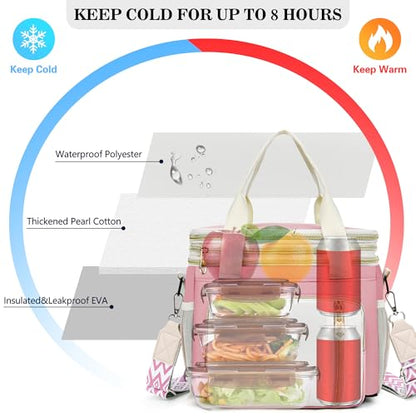 LOKASS Lunch Box & Lunch Bag for Women Men Double Deck, Large Insulated Adult Lunch Box Leakproof Lunchbox Cooler Bag for Work Picnic Beach,（Pink&White 16L） - color: Pink 1