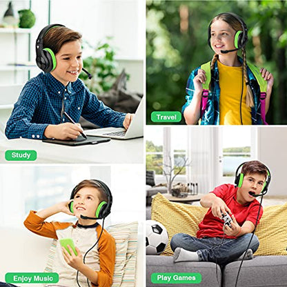 BlueFire Kids Headphones for Online School, Children, Teens, Boys, Girls, 3.5mm Stereo Over-Ear Gaming Headphone with Microphone and Volume Control for PS4, PS5, New Xbox One - color: Green