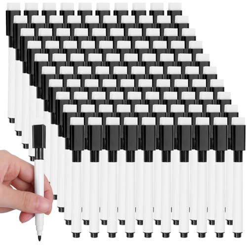 200 PCS Fine Point Tip Magnet Pens Black Dry Erase Markers with Eraser Cap Mini White Board Markers Dry Erasable Marker for Office School Supplies