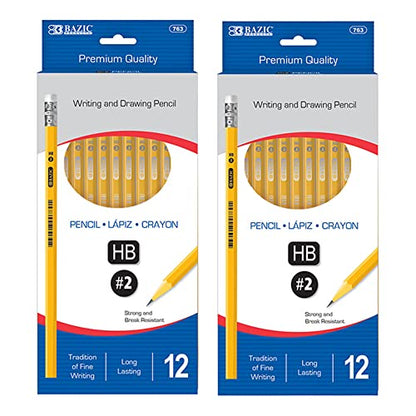 BAZIC PRODUCTS #2 Yellow Pencils with Eraser, 12 Count, for School, 2-Pack | eraser tops, classroom, tests, homework, standardized exams, daily writing - size: 2-Pack