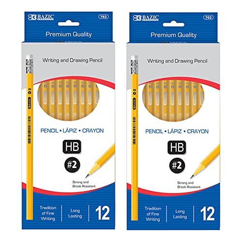 BAZIC PRODUCTS #2 노란색 연필, 지우개 포함, 12개, 학교용, 2팩 | 지우개 탑, 교실, 시험, 숙제, 표준화 시험, 데일리 필기 - size: 2-Pack
