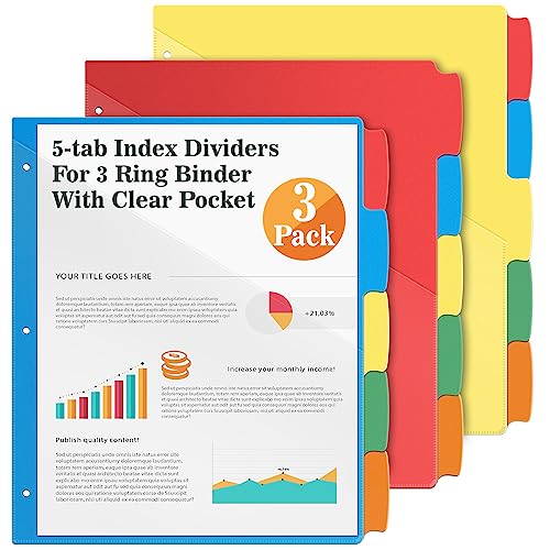 V-Opitos 5-tab Index Dividers with 3 Holes Punched, Set of 3 Plastic Dividers with Clear Front Pocket, Multicolor Dividers for 3 Ring Binders, 15 Pcs Dividers for School & Office Supplies