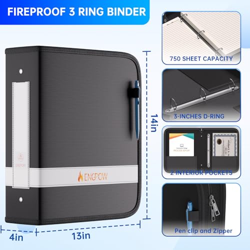 ENGPOW 3 Ring Binder,Fireproof 3 Inch D Ring Binder with Zipper,Holds 750 Sheets,Non-Stick,PVC-Free,Compatible with Clear Sheet Protectors,Portable School Office Home Safe Storage for Paper,Black - size: 3 inch