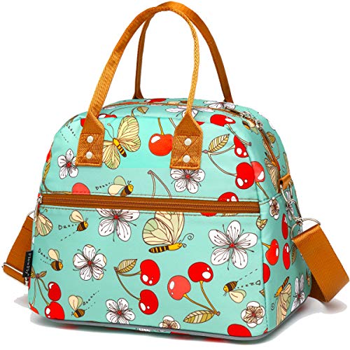 FlowFly Insulated Lunch Bag With Shoulder Strap for Women, Men, and Kids, Large and Reusable, Handle, Freezable Work and School Travel Tote and Meal Prep Organizer,Turquoise Cherry - color: Turquoise Cherry