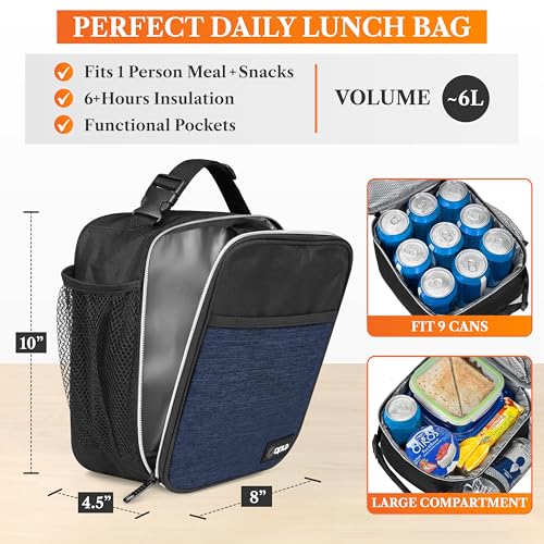opux Insulated Lunch Bag for Kids Boys Girls, Small Compact Lunch Box with Wide Opening & Mesh Pockets, Reusable Lunch Pail for School, Work, Adults, Men, Women, Heather Navy Blue - color: Heather Navy