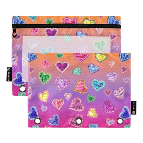 Gredecor Binder Pencil Pouch 3 Ring Hearts on Bright Gradient Zipper Pencil Pouches Case 2 Pack Clear Binder Organizer for School Office - color: Multi1