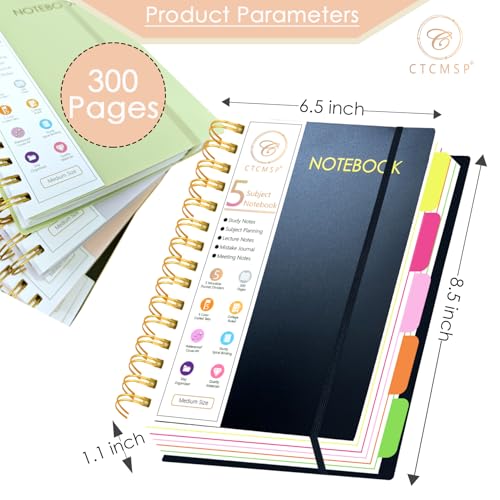 CTCMSP 5 Subject Spiral Notebook with Removable Dividers Tabs Hardcover Notebook Journal for Women Men,Perfect for Academic Supplies,College Ruled,300 Pages (Black)