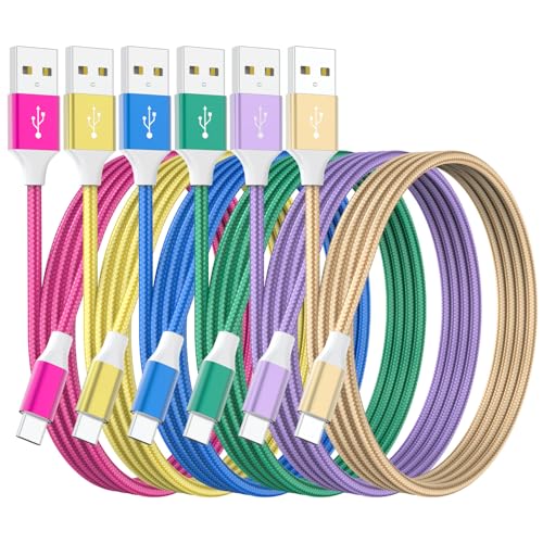 HKYUSHINE USB Type-C Cable Set, 6 Pack(3/3/6/6/6/10FT), Nylon Braided Fast Charging Cords, Colorful USB-A to USB-C Cable for iPhone 17/16/15, Samsung，Tablet, Game Console, More Android Smartphones - color: 6Pack-Multicolored2