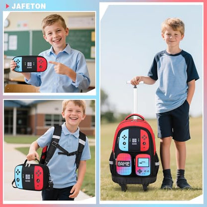Jafeton Rolling Backpack for Boys, 3 PCS Gamer Boy Backpack Set with Lunch Box & Pencil Pouch, Roller Wheels School bag for Boys Kids Teens, Elementary Middle School, Kids Bookbag Casual Daypack - color: Red Black