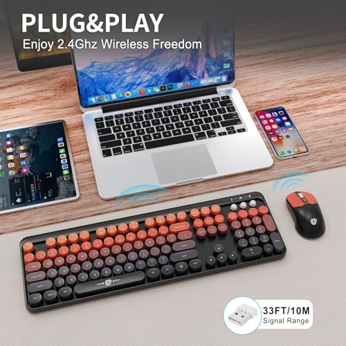 Wireless Keyboard and Mouse Combo, 2.4GHz Colorful Cute Round Keycaps Keyboard for Office Computer PC Desktops Laptop (2050-Red Black) - color: 2050-Red Black
