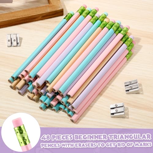 Fainne 48 Pcs Fat Pencils Jumbo Big Thick Large Pencils and 3 Pieces Sharpeners for Kids Beginners Preschoolers Kindergarten School Office Supplies(Pastel Color,Triangle) - color: Pastel Color, style: Triangle