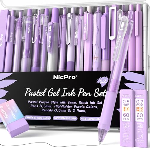 Nicpro 22PCS Pastel Gel Ink Pen Set, Cute Retractable Aesthetic Pen and Pencil, 13 Black Ink Pens with 2 Highlighter, 2 Mechanical Pencil 0.5 0.7mm, Smooth Writing Pens for School, Office(Purple) - color: Purple