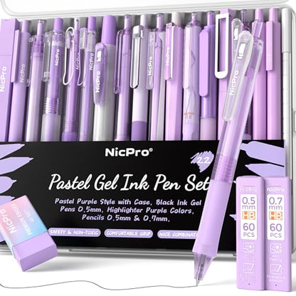 Nicpro 22PCS Pastel Gel Ink Pen Set, Cute Retractable Aesthetic Pen and Pencil, 13 Black Ink Pens with 2 Highlighter, 2 Mechanical Pencil 0.5 0.7mm, Smooth Writing Pens for School, Office(Purple) - color: Purple