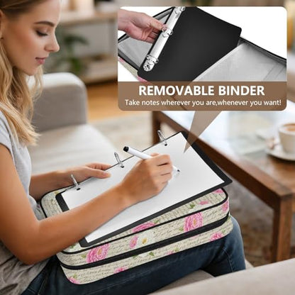 3-Hole Ring Binder Portfolio Case with 7-Pocket Expandable File Jacket Vintage Rose Binder Bag with Binder Pencil Pouch