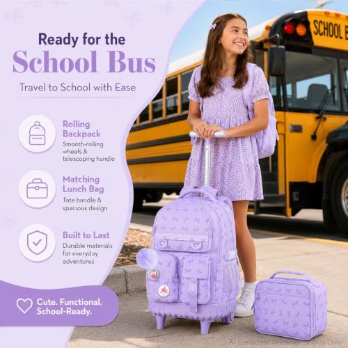 CCJPX Rolling Backpack for Girls, 3Pcs Roller Wheeled School Bookbag, Bow Wheels Backpacks with Lunch Box for Kids (Purple) - color: Bow Purple