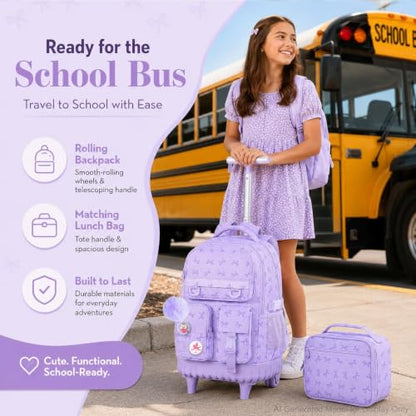 CCJPX Rolling Backpack for Girls, 3Pcs Roller Wheeled School Bookbag, Bow Wheels Backpacks with Lunch Box for Kids (Purple) - color: Bow Purple