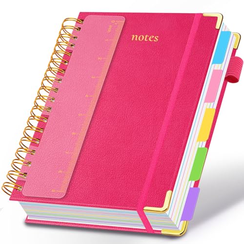 Hardcover Spiral Notebook 8.5"x11" Journal Notebook with Tabs and Removable Dividers 300 Pages 5 Subject Notebook College Ruled, Faux Leather Spiral Bound Notebook for Women School Work (Rose Red) - color: Rose Red, size: 8.5"x11"(A4)